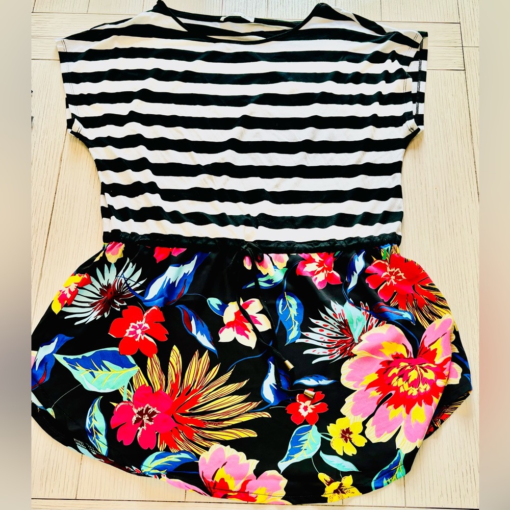 cyrus Black and White Striped and Floral Swimsuit Coverup